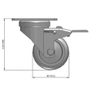 Front dimensioned CAD view of a Pemco Casters 3" x 1.25" wide wheel Swivel caster with 2-5/8" x 3-3/4" top plate, with a top total locking brake, Thermo-Urethane wheel and 270 lb. capacity part
