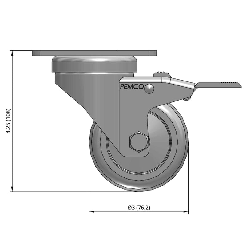 Front dimensioned CAD view of a Pemco Casters 3" x 1.25" wide wheel Swivel caster with 2-5/8" x 3-3/4" top plate, with a top total locking brake, Thermo-Urethane wheel and 270 lb. capacity part
