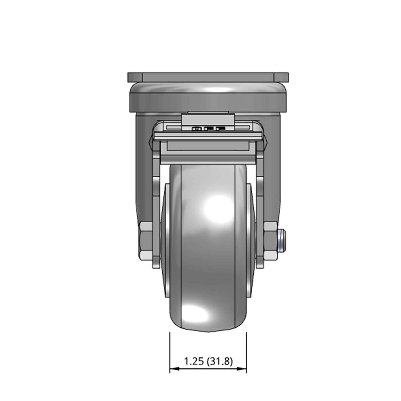 Top dimensioned CAD view of a Pemco Casters 3" x 1.25" wide wheel Swivel caster with 2-5/8" x 3-3/4" top plate, with a top total locking brake, Thermo-Urethane wheel and 270 lb. capacity part