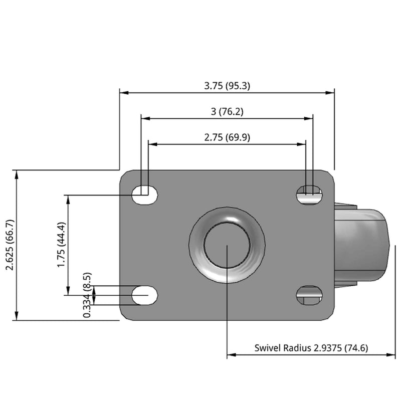 Side dimensioned CAD view of a Pemco Casters 3" x 1.25" wide wheel Swivel caster with 2-5/8" x 3-3/4" top plate, without a brake, Thermo-Urethane wheel and 270 lb. capacity part