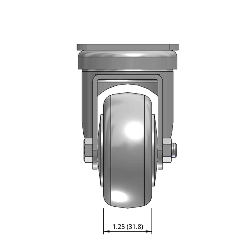 Top dimensioned CAD view of a Pemco Casters 3" x 1.25" wide wheel Swivel caster with 2-5/8" x 3-3/4" top plate, without a brake, Thermo-Urethane wheel and 270 lb. capacity part