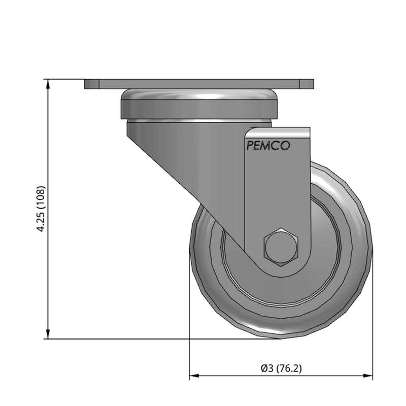Front dimensioned CAD view of a Pemco Casters 3" x 1.25" wide wheel Swivel caster with 2-5/8" x 3-3/4" top plate, without a brake, Thermo-Urethane wheel and 270 lb. capacity part