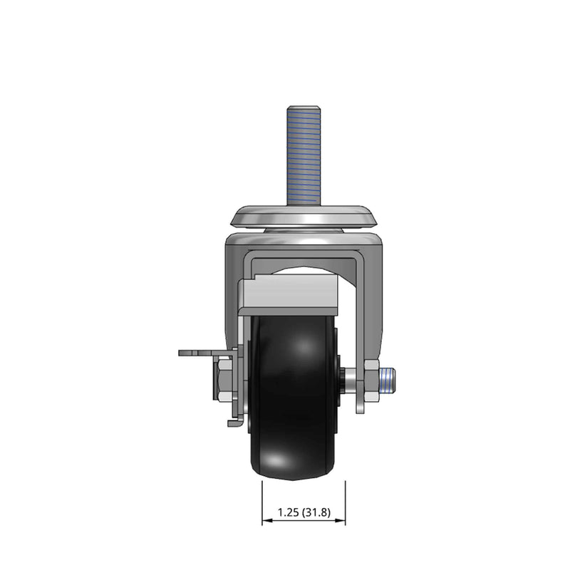 Top dimensioned CAD view of a Pemco Casters 3" x 1.25" wide wheel Swivel caster with 1/2"-13 x 1-1/2" stud, with a side locking brake, Polypropylene wheel and 270 lb. capacity part