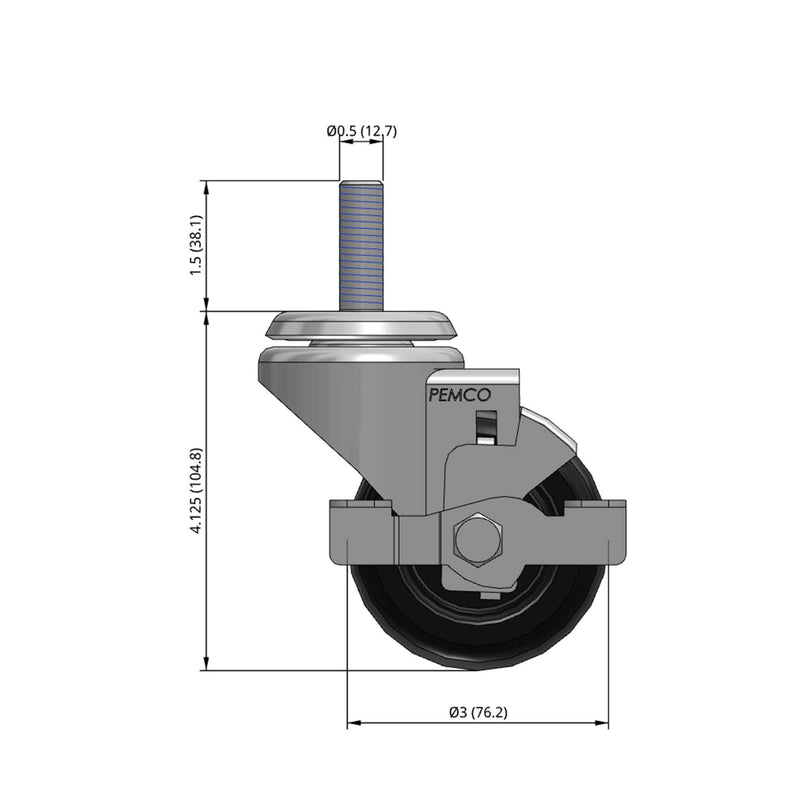 Front dimensioned CAD view of a Pemco Casters 3" x 1.25" wide wheel Swivel caster with 1/2"-13 x 1-1/2" stud, with a side locking brake, Polypropylene wheel and 270 lb. capacity part