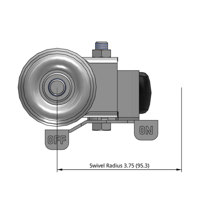 Side dimensioned CAD view of a Pemco Casters 3" x 1.25" wide wheel Swivel caster with 1/2"-13 x 1-1/2" stud, with a side locking brake, Polypropylene wheel and 270 lb. capacity part