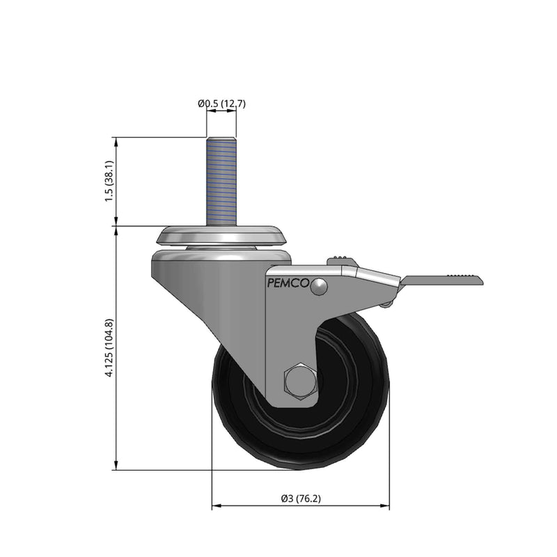 Front dimensioned CAD view of a Pemco Casters 3" x 1.25" wide wheel Swivel caster with 1/2"-13 x 1-1/2" stud, with a top total locking brake, Polypropylene wheel and 270 lb. capacity part