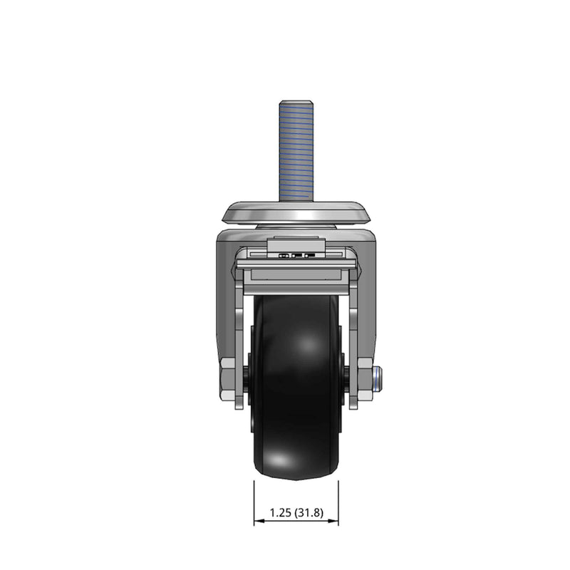 Top dimensioned CAD view of a Pemco Casters 3" x 1.25" wide wheel Swivel caster with 1/2"-13 x 1-1/2" stud, with a top total locking brake, Polypropylene wheel and 270 lb. capacity part