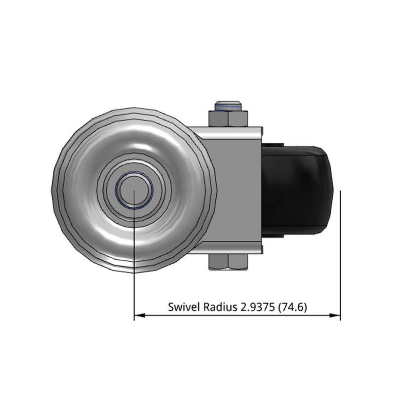 Side dimensioned CAD view of a Pemco Casters 3" x 1.25" wide wheel Swivel caster with 1/2"-13 x 1-1/2" stud, without a brake, Polypropylene wheel and 270 lb. capacity part