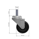 Front dimensioned CAD view of a Pemco Casters 3" x 1.25" wide wheel Swivel caster with 1/2"-13 x 1-1/2" stud, without a brake, Polypropylene wheel and 270 lb. capacity part