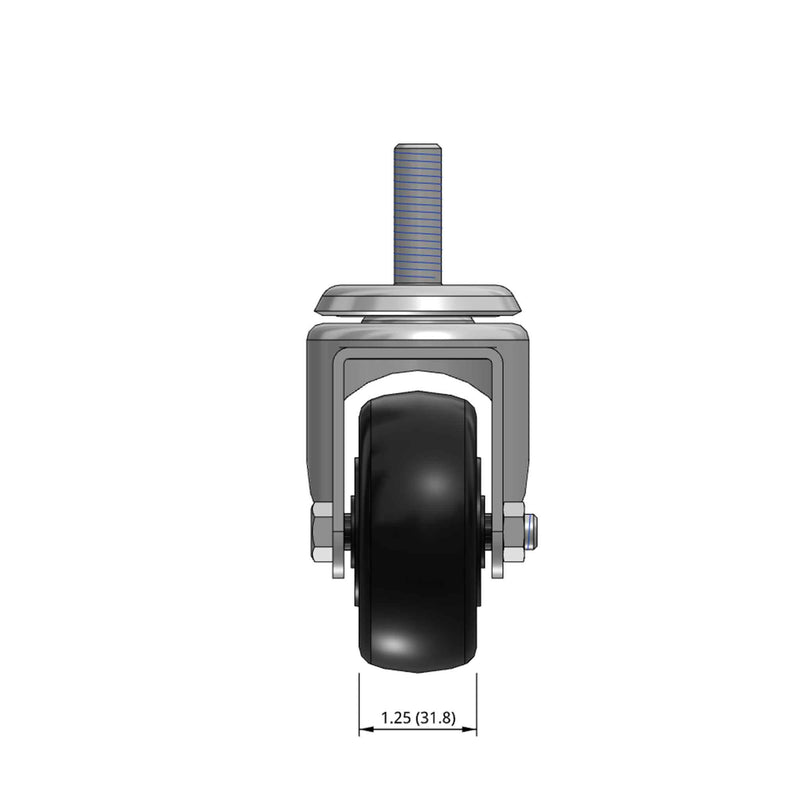 Top dimensioned CAD view of a Pemco Casters 3" x 1.25" wide wheel Swivel caster with 1/2"-13 x 1-1/2" stud, without a brake, Polypropylene wheel and 270 lb. capacity part
