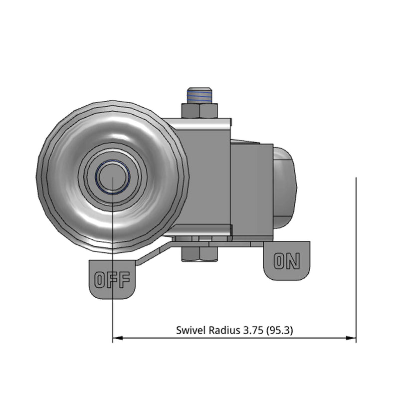 Side dimensioned CAD view of a Pemco Casters 3" x 1.25" wide wheel Swivel caster with 1/2"-13 x 1-1/2" stud, with a side locking brake, Thermoplastic Rubber wheel and 210 lb. capacity part