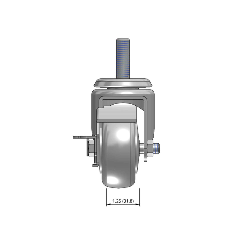 Top dimensioned CAD view of a Pemco Casters 3" x 1.25" wide wheel Swivel caster with 1/2"-13 x 1-1/2" stud, with a side locking brake, Thermoplastic Rubber wheel and 210 lb. capacity part