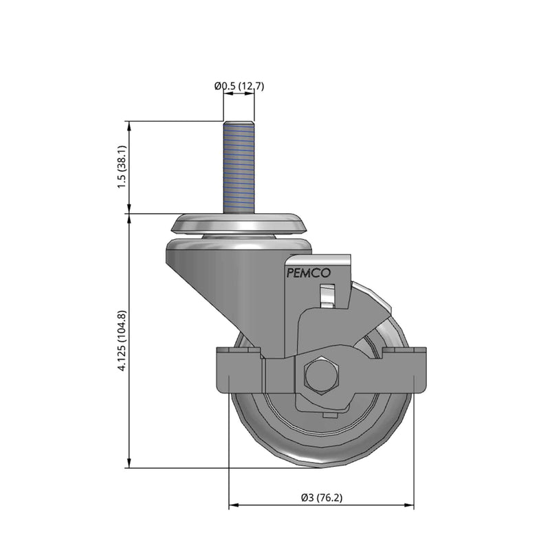 Front dimensioned CAD view of a Pemco Casters 3" x 1.25" wide wheel Swivel caster with 1/2"-13 x 1-1/2" stud, with a side locking brake, Thermoplastic Rubber wheel and 210 lb. capacity part