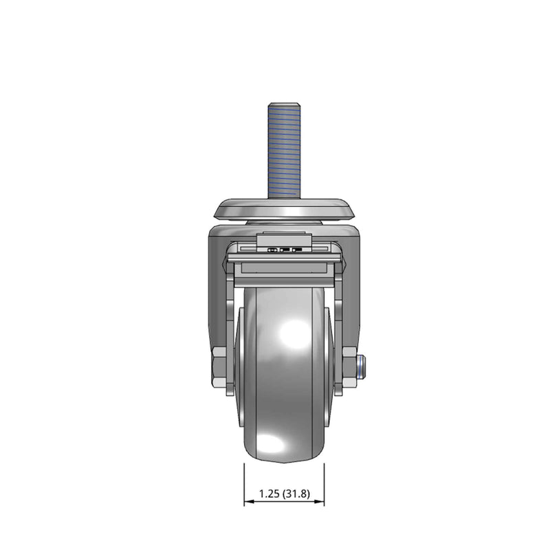 Top dimensioned CAD view of a Pemco Casters 3" x 1.25" wide wheel Swivel caster with 1/2"-13 x 1-1/2" stud, with a top total locking brake, Thermoplastic Rubber wheel and 210 lb. capacity part