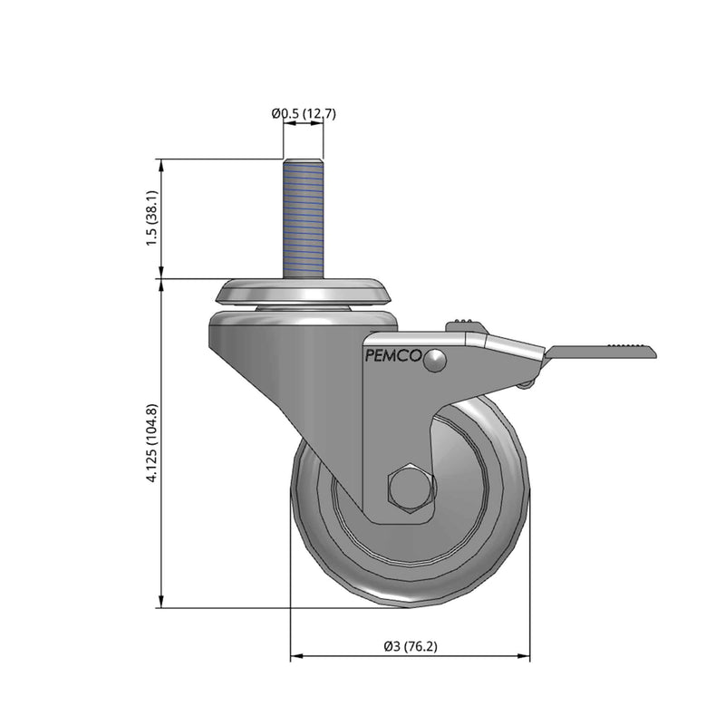 Front dimensioned CAD view of a Pemco Casters 3" x 1.25" wide wheel Swivel caster with 1/2"-13 x 1-1/2" stud, with a top total locking brake, Thermoplastic Rubber wheel and 210 lb. capacity part