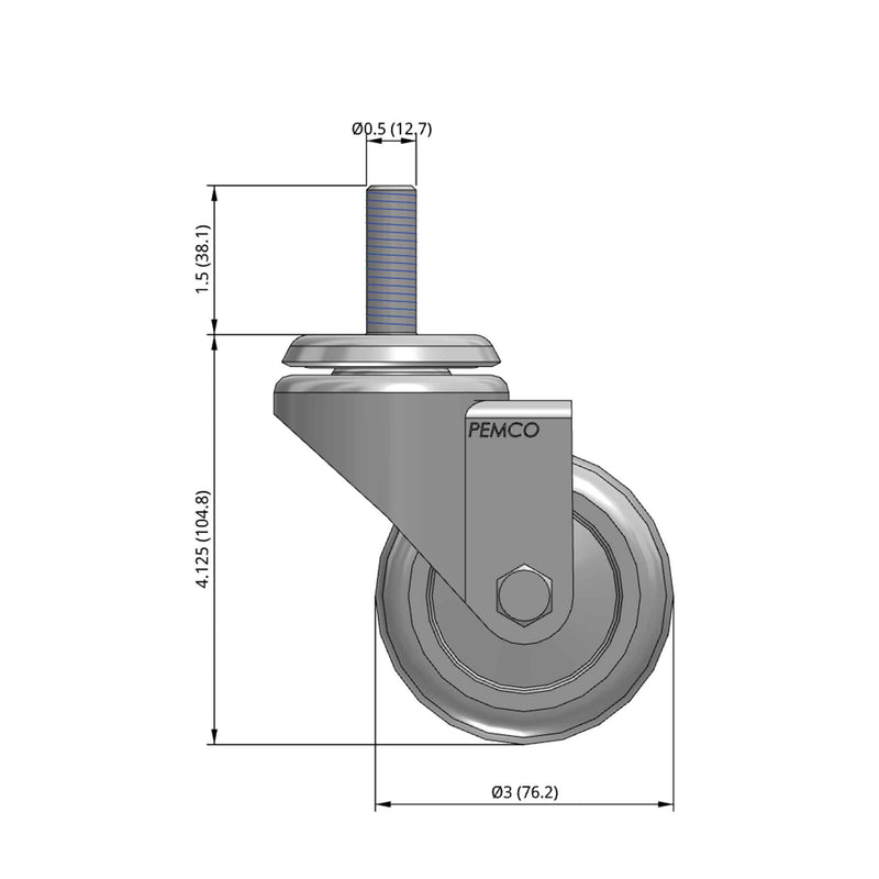 Front dimensioned CAD view of a Pemco Casters 3" x 1.25" wide wheel Swivel caster with 1/2"-13 x 1-1/2" stud, without a brake, Thermoplastic Rubber wheel and 210 lb. capacity part
