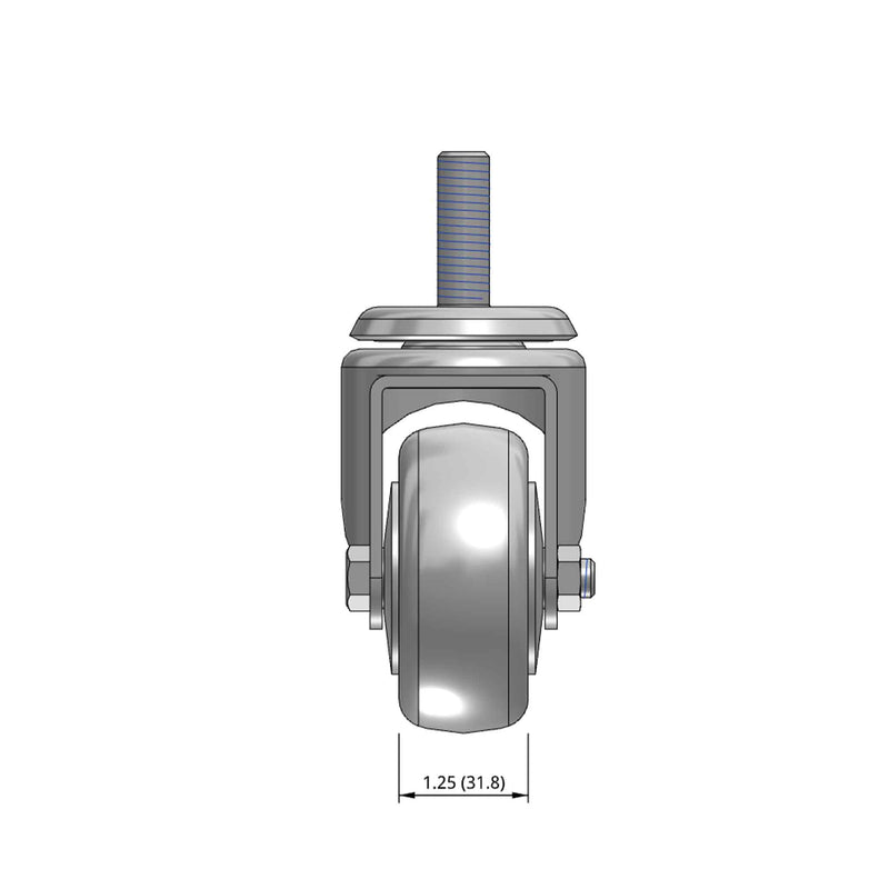 Top dimensioned CAD view of a Pemco Casters 3" x 1.25" wide wheel Swivel caster with 1/2"-13 x 1-1/2" stud, without a brake, Thermoplastic Rubber wheel and 210 lb. capacity part