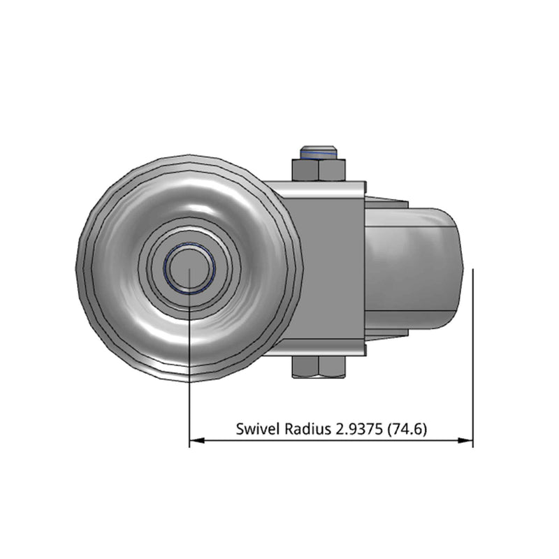 Side dimensioned CAD view of a Pemco Casters 3" x 1.25" wide wheel Swivel caster with 1/2"-13 x 1-1/2" stud, without a brake, Thermoplastic Rubber wheel and 210 lb. capacity part