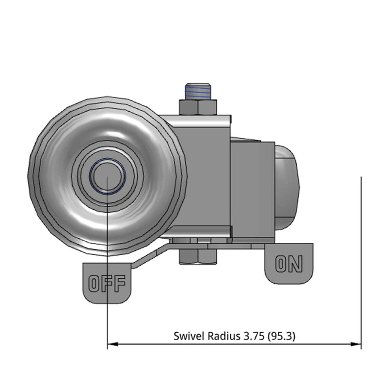 Side dimensioned CAD view of a Pemco Casters 3" x 1.25" wide wheel Swivel caster with 1/2"-13 x 1-1/2" stud, with a side locking brake, Thermo-Urethane wheel and 270 lb. capacity part