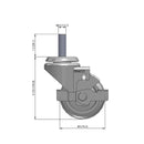 Front dimensioned CAD view of a Pemco Casters 3" x 1.25" wide wheel Swivel caster with 1/2"-13 x 1-1/2" stud, with a side locking brake, Thermo-Urethane wheel and 270 lb. capacity part
