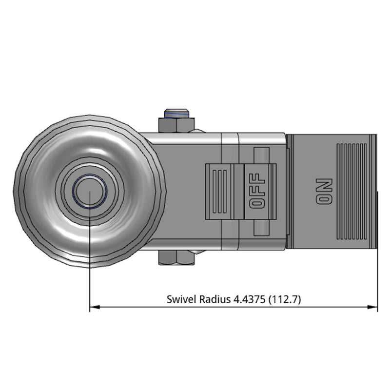 Side dimensioned CAD view of a Pemco Casters 3" x 1.25" wide wheel Swivel caster with 1/2"-13 x 1-1/2" stud, with a top total locking brake, Thermo-Urethane wheel and 270 lb. capacity part