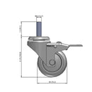 Front dimensioned CAD view of a Pemco Casters 3" x 1.25" wide wheel Swivel caster with 1/2"-13 x 1-1/2" stud, with a top total locking brake, Thermo-Urethane wheel and 270 lb. capacity part