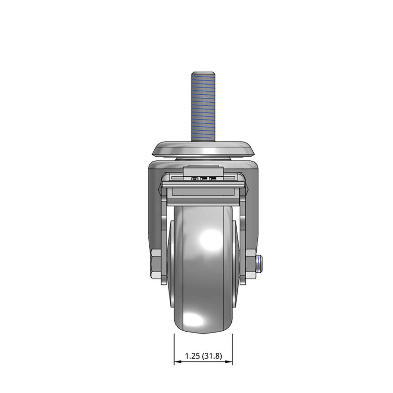 Top dimensioned CAD view of a Pemco Casters 3" x 1.25" wide wheel Swivel caster with 1/2"-13 x 1-1/2" stud, with a top total locking brake, Thermo-Urethane wheel and 270 lb. capacity part