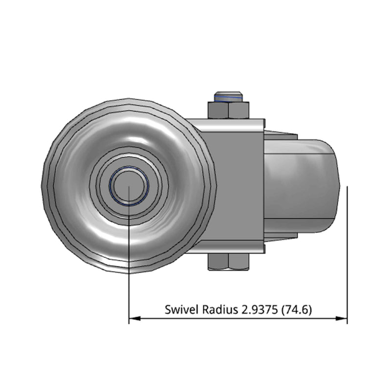 Side dimensioned CAD view of a Pemco Casters 3" x 1.25" wide wheel Swivel caster with 1/2"-13 x 1-1/2" stud, without a brake, Thermo-Urethane wheel and 270 lb. capacity part