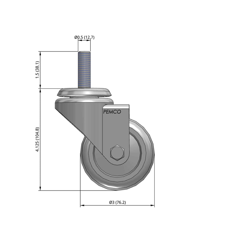 Front dimensioned CAD view of a Pemco Casters 3" x 1.25" wide wheel Swivel caster with 1/2"-13 x 1-1/2" stud, without a brake, Thermo-Urethane wheel and 270 lb. capacity part