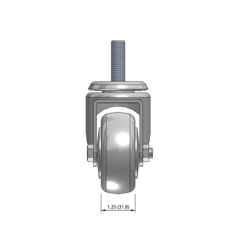 Top dimensioned CAD view of a Pemco Casters 3" x 1.25" wide wheel Swivel caster with 1/2"-13 x 1-1/2" stud, without a brake, Thermo-Urethane wheel and 270 lb. capacity part