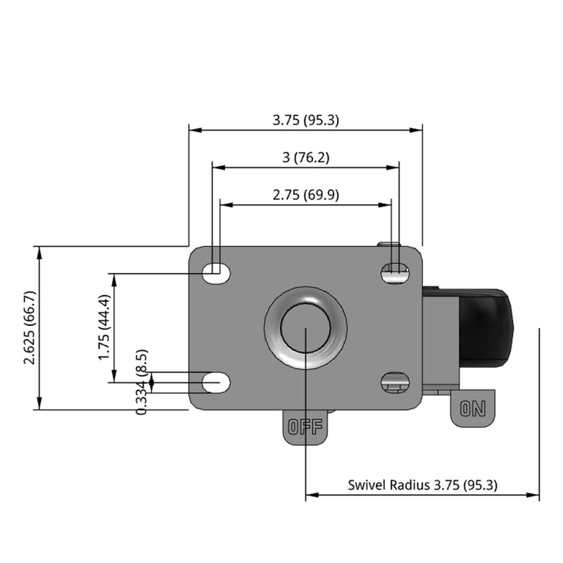 Side dimensioned CAD view of a Pemco Casters 4" x 1.25" wide wheel Swivel caster with 2-5/8" x 3-3/4" top plate, with a side locking brake, Polypropylene wheel and 300 lb. capacity part
