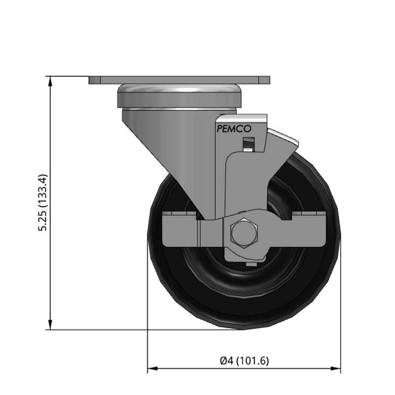 Front dimensioned CAD view of a Pemco Casters 4" x 1.25" wide wheel Swivel caster with 2-5/8" x 3-3/4" top plate, with a side locking brake, Polypropylene wheel and 300 lb. capacity part