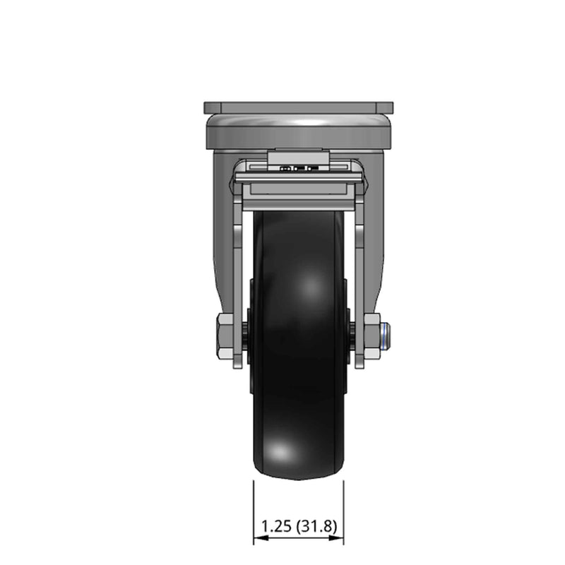 Top dimensioned CAD view of a Pemco Casters 4" x 1.25" wide wheel Swivel caster with 2-5/8" x 3-3/4" top plate, with a top total locking brake, Polypropylene wheel and 300 lb. capacity part
