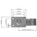 Side dimensioned CAD view of a Pemco Casters 4" x 1.25" wide wheel Swivel caster with 2-5/8" x 3-3/4" top plate, with a top total locking brake, Polypropylene wheel and 300 lb. capacity part