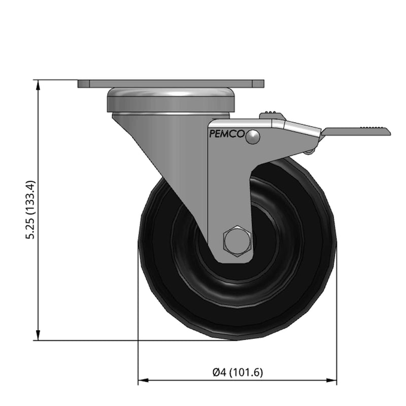 Front dimensioned CAD view of a Pemco Casters 4" x 1.25" wide wheel Swivel caster with 2-5/8" x 3-3/4" top plate, with a top total locking brake, Polypropylene wheel and 300 lb. capacity part