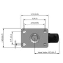 Side dimensioned CAD view of a Pemco Casters 4" x 1.25" wide wheel Swivel caster with 2-5/8" x 3-3/4" top plate, without a brake, Polypropylene wheel and 300 lb. capacity part