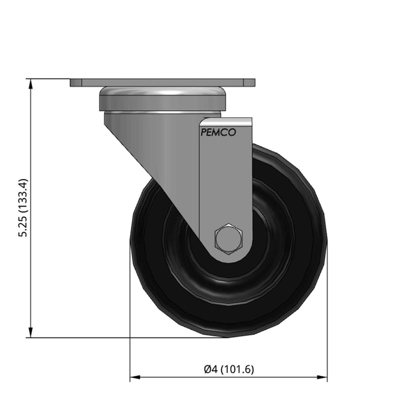 Front dimensioned CAD view of a Pemco Casters 4" x 1.25" wide wheel Swivel caster with 2-5/8" x 3-3/4" top plate, without a brake, Polypropylene wheel and 300 lb. capacity part
