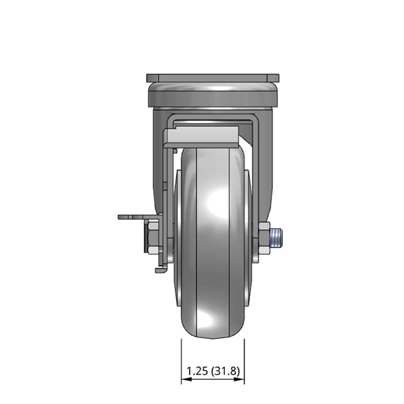 Top dimensioned CAD view of a Pemco Casters 4" x 1.25" wide wheel Swivel caster with 2-5/8" x 3-3/4" top plate, with a side locking brake, Thermoplastic Rubber wheel and 275 lb. capacity part