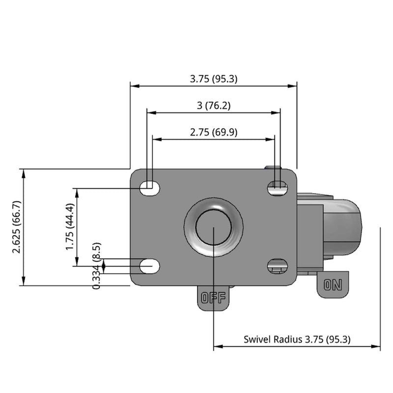 Side dimensioned CAD view of a Pemco Casters 4" x 1.25" wide wheel Swivel caster with 2-5/8" x 3-3/4" top plate, with a side locking brake, Thermoplastic Rubber wheel and 275 lb. capacity part