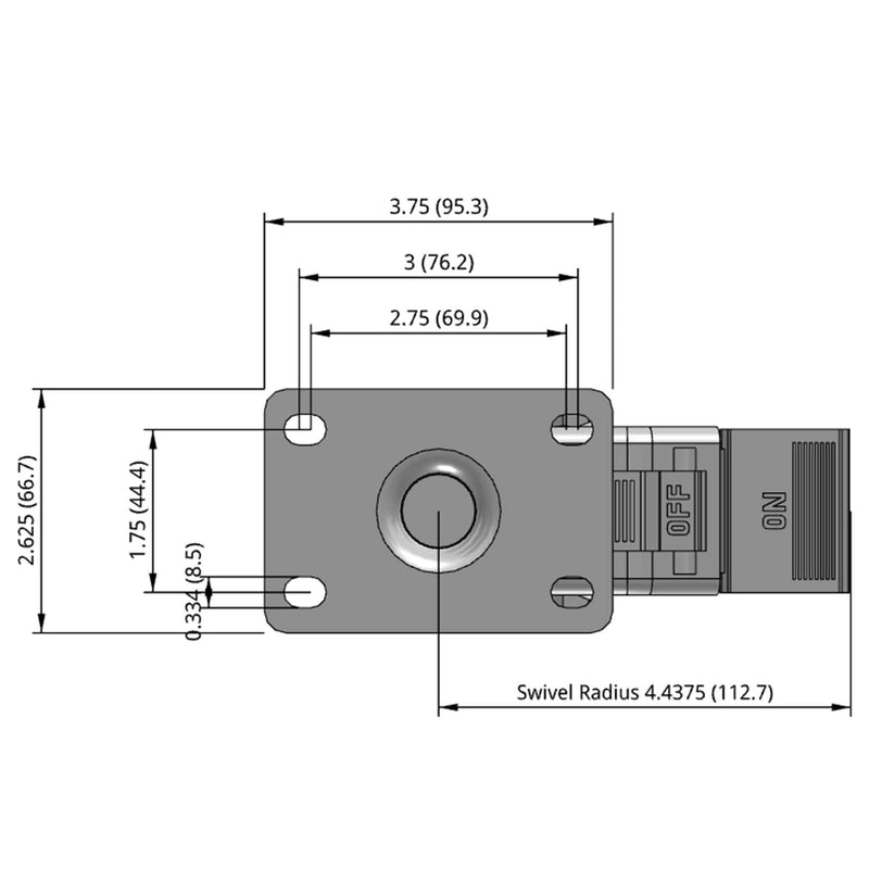 Side dimensioned CAD view of a Pemco Casters 4" x 1.25" wide wheel Swivel caster with 2-5/8" x 3-3/4" top plate, with a top total locking brake, Thermoplastic Rubber wheel and 275 lb. capacity part