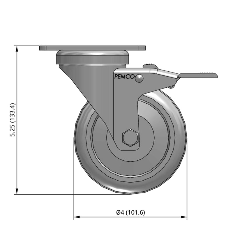 Front dimensioned CAD view of a Pemco Casters 4" x 1.25" wide wheel Swivel caster with 2-5/8" x 3-3/4" top plate, with a top total locking brake, Thermoplastic Rubber wheel and 275 lb. capacity part