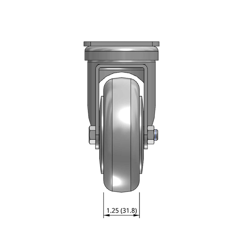 Top dimensioned CAD view of a Pemco Casters 4" x 1.25" wide wheel Swivel caster with 2-5/8" x 3-3/4" top plate, without a brake, Thermoplastic Rubber wheel and 275 lb. capacity part