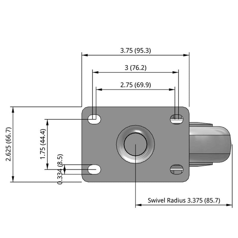 Side dimensioned CAD view of a Pemco Casters 4" x 1.25" wide wheel Swivel caster with 2-5/8" x 3-3/4" top plate, without a brake, Thermoplastic Rubber wheel and 275 lb. capacity part
