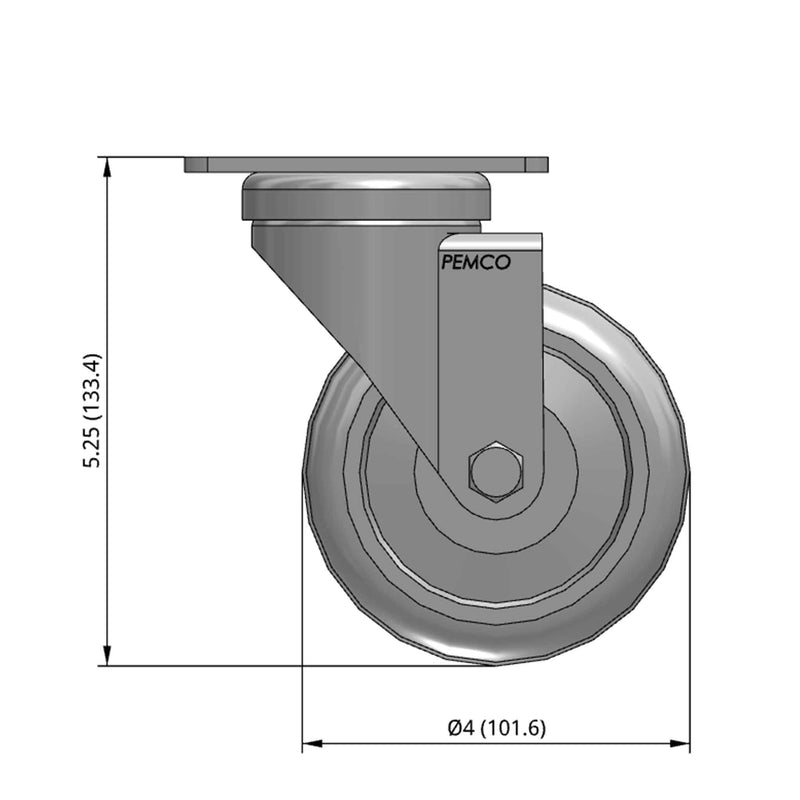 Front dimensioned CAD view of a Pemco Casters 4" x 1.25" wide wheel Swivel caster with 2-5/8" x 3-3/4" top plate, without a brake, Thermoplastic Rubber wheel and 275 lb. capacity part