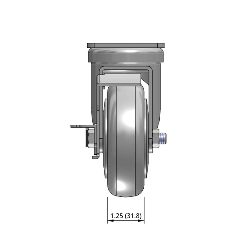 Top dimensioned CAD view of a Pemco Casters 4" x 1.25" wide wheel Swivel caster with 2-5/8" x 3-3/4" top plate, with a side locking brake, Thermo-Urethane wheel and 275 lb. capacity part