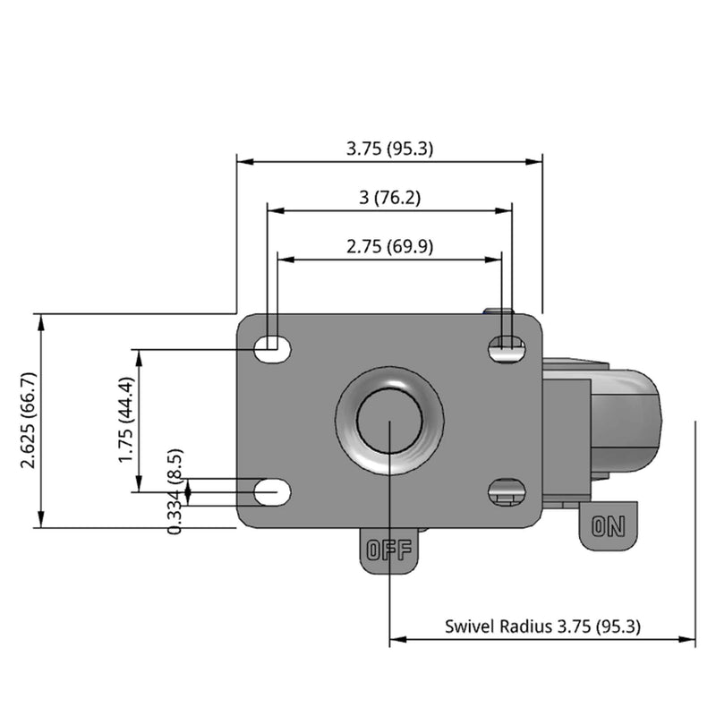 Side dimensioned CAD view of a Pemco Casters 4" x 1.25" wide wheel Swivel caster with 2-5/8" x 3-3/4" top plate, with a side locking brake, Thermo-Urethane wheel and 275 lb. capacity part