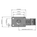 Side dimensioned CAD view of a Pemco Casters 4" x 1.25" wide wheel Swivel caster with 2-5/8" x 3-3/4" top plate, with a top total locking brake, Thermo-Urethane wheel and 275 lb. capacity part