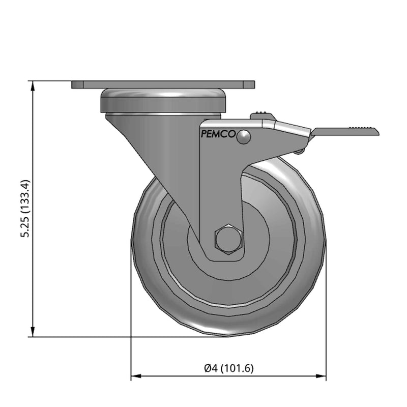 Front dimensioned CAD view of a Pemco Casters 4" x 1.25" wide wheel Swivel caster with 2-5/8" x 3-3/4" top plate, with a top total locking brake, Thermo-Urethane wheel and 275 lb. capacity part