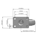 Side dimensioned CAD view of a Pemco Casters 4" x 1.25" wide wheel Swivel caster with 2-5/8" x 3-3/4" top plate, without a brake, Thermo-Urethane wheel and 275 lb. capacity part