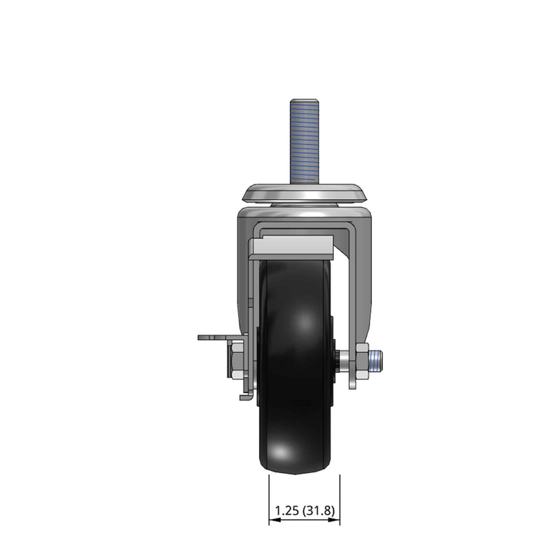 Top dimensioned CAD view of a Pemco Casters 4" x 1.25" wide wheel Swivel caster with 1/2"-13 x 1-1/2" stud, with a side locking brake, Polypropylene wheel and 300 lb. capacity part